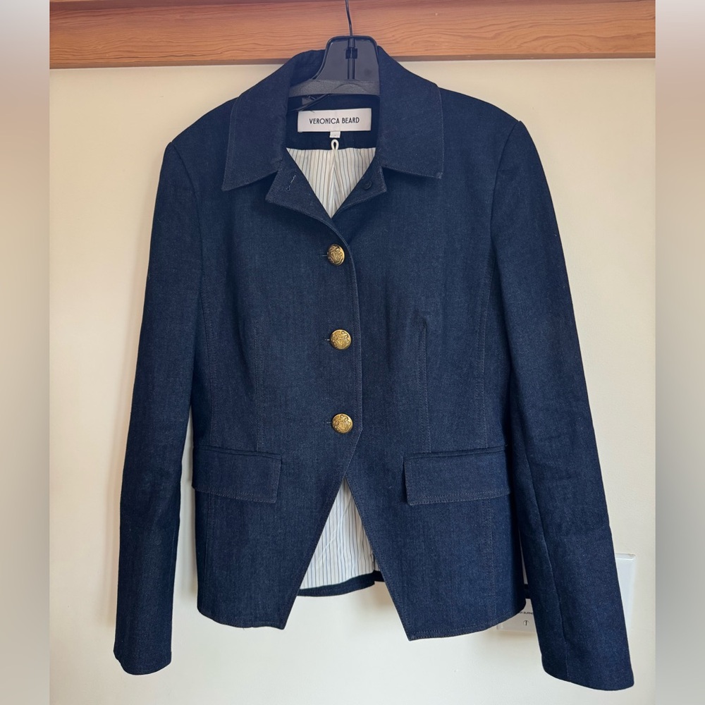 Veronica Beard Dark Denim Dickey Blazer with Gold Buttons